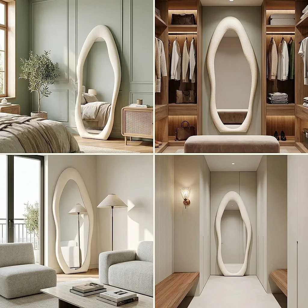 Organic shaped mirror placed in four modern home settings, showcasing an artistic wall mirror design as a full length vanity mirror in bedroom, walk-in closet, living room, and hallway.