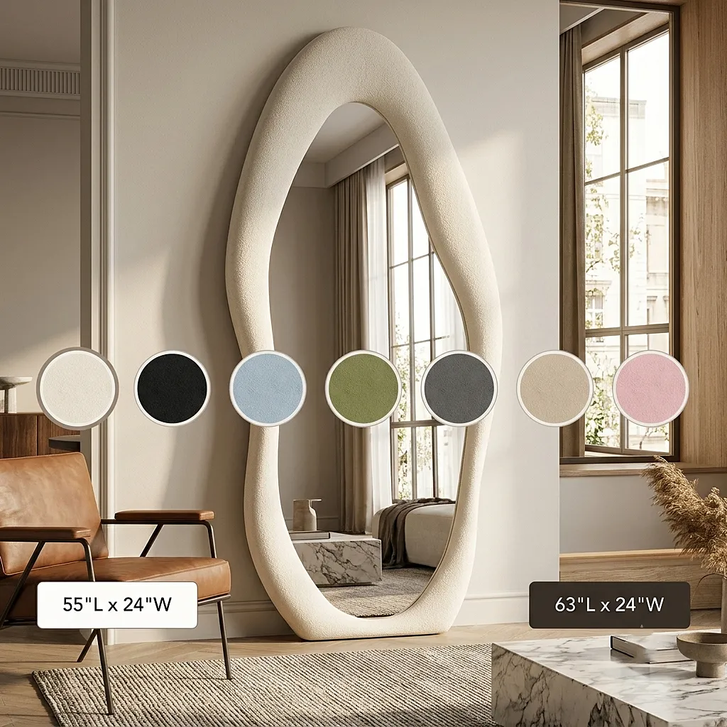 Irregular shaped mirror with velvet frame displayed in a modern living room, featuring artistic wall mirrors color swatches and size options for a custom vanity mirror setup.