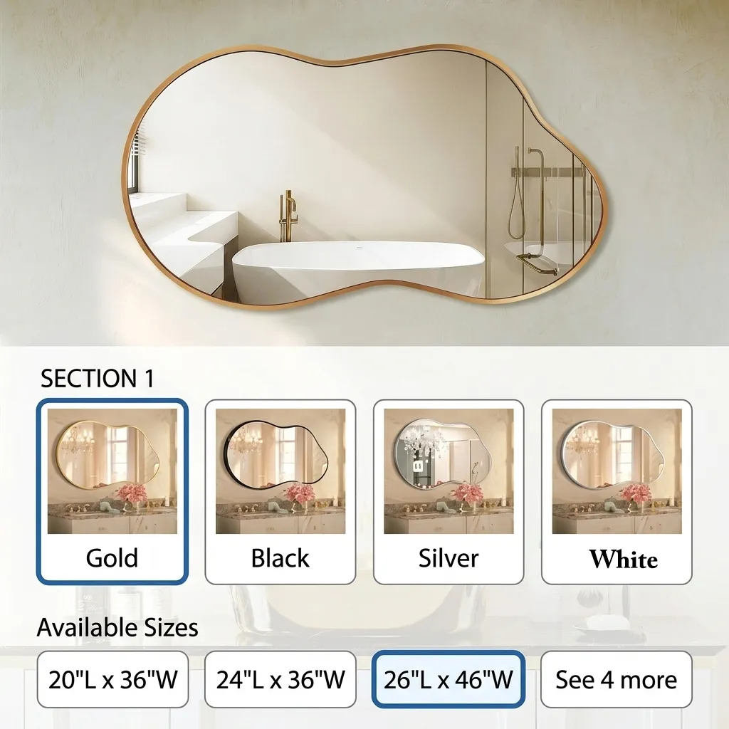 Amazon listing graphic showing a gold wavy vanity mirror with frame color and size options.