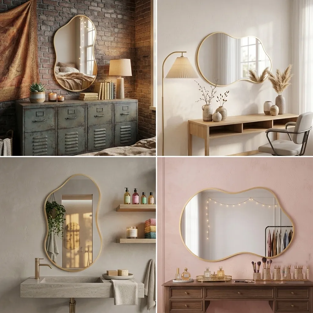 A 4-grid poster showing a gold irregular wavy mirror in bedroom, entry, bathroom, and vanity room scenes.