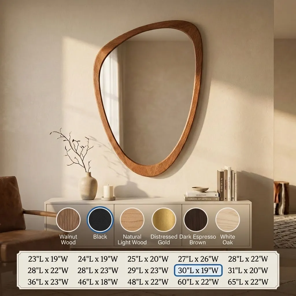 Irregular shaped mirror and organic shaped mirror product specifications poster, featuring 6 artistic mirrors wood finish swatches (Walnut Wood, Black, Natural Light Wood, Distressed Gold, Dark Espresso Brown, White Oak) and 15 vanity mirror size options in a grid