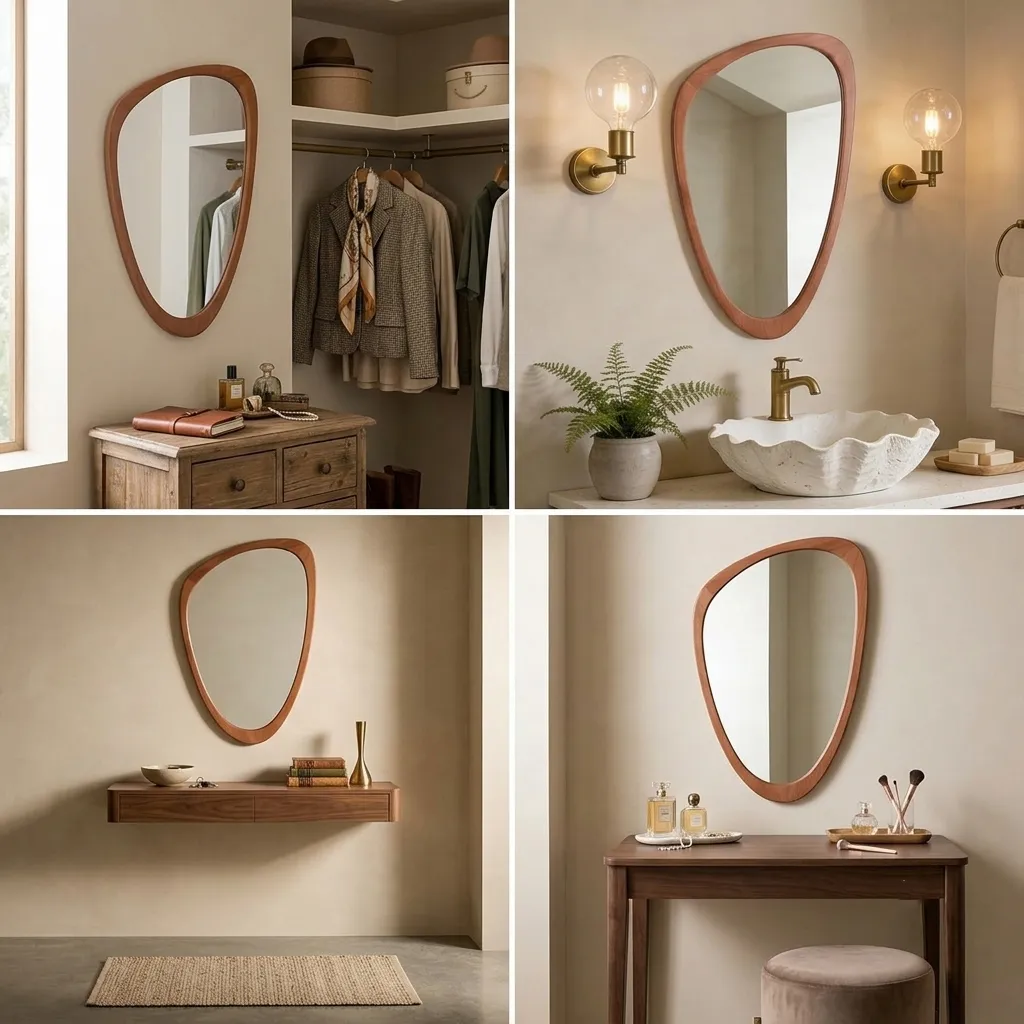 Artistic wall mirror displayed in four elegant home settings: as a vanity mirror in bedroom, closet, and living room, and as an artistic wall mirror in a hallway, showcasing a unique irregular shaped mirror design from the chasing mirrors artist.