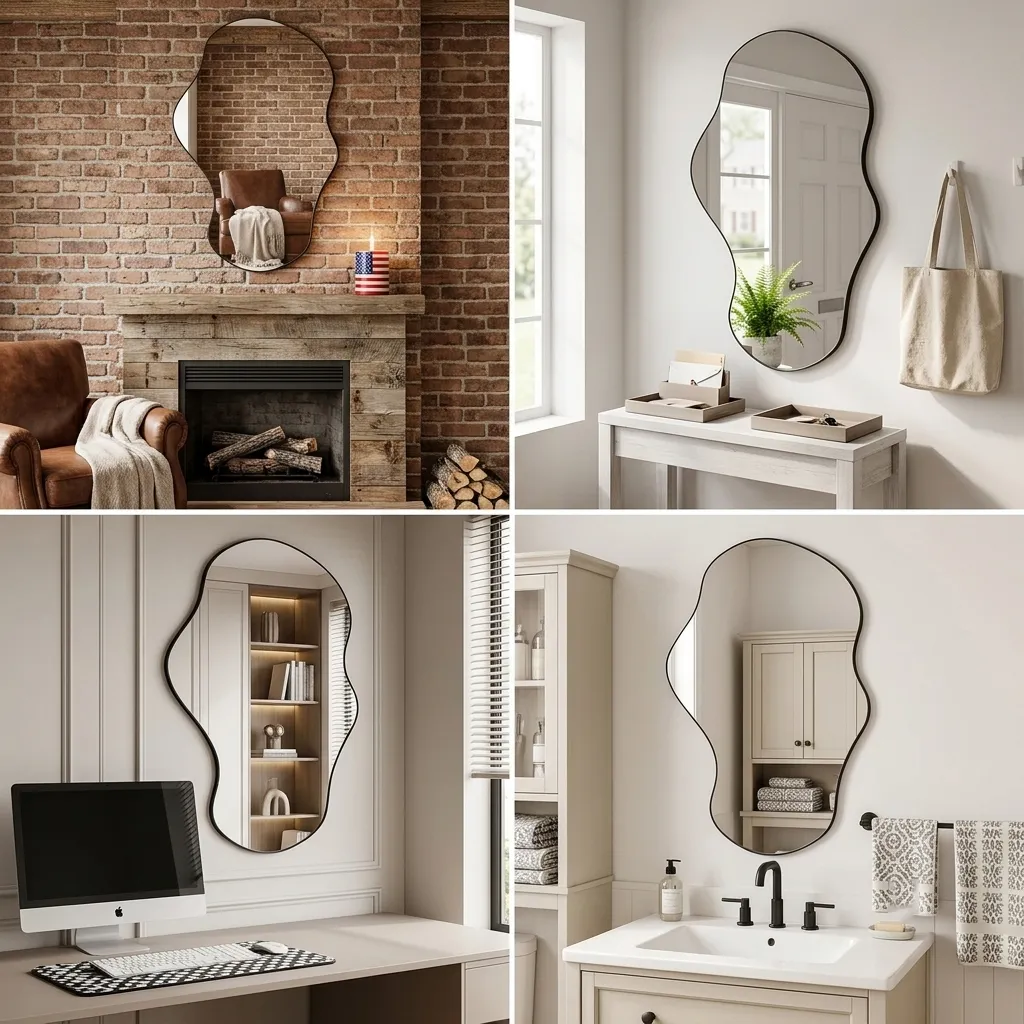 Minimalist modern gold wavy wall mirror as a dresser and vanity mirror.