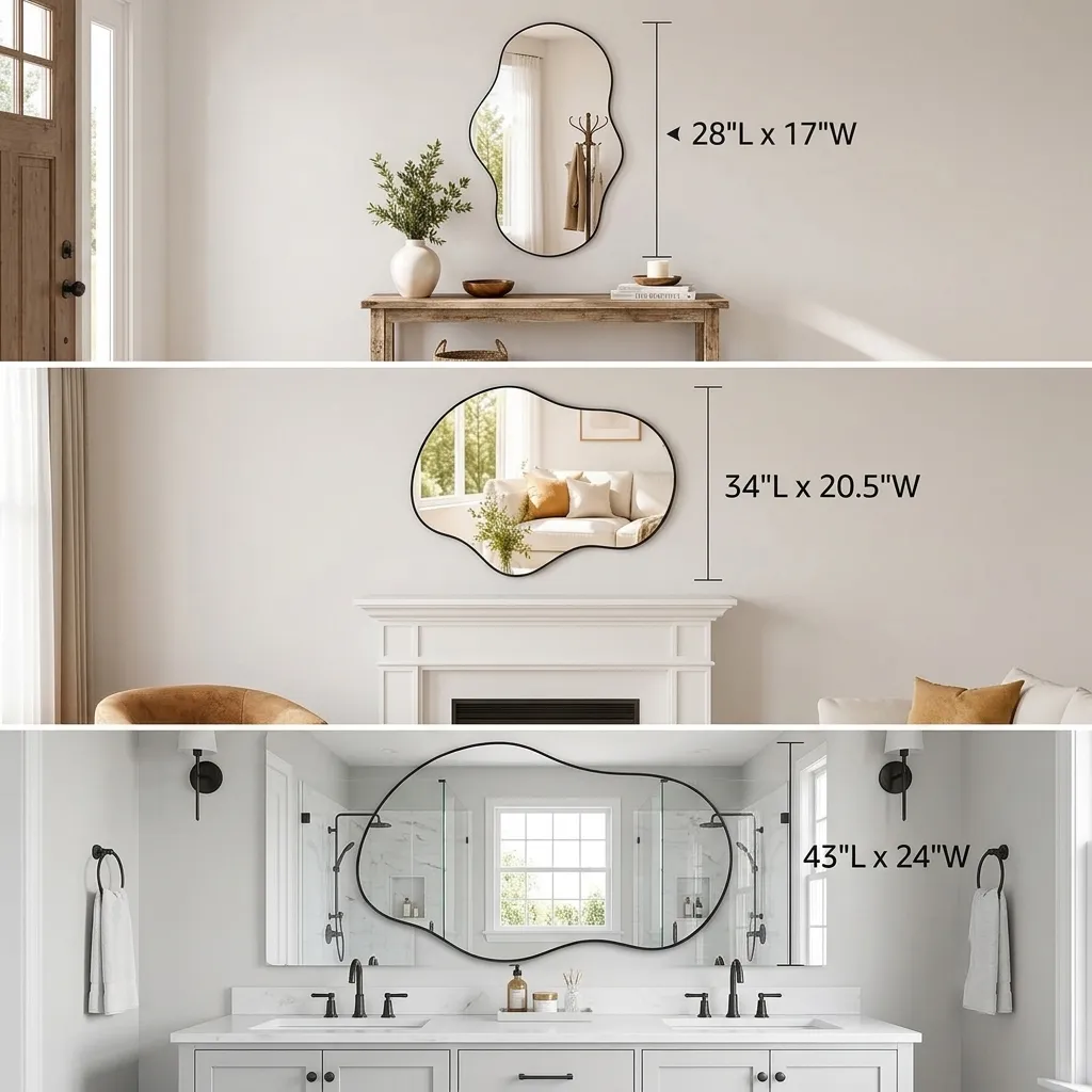 Gold asymmetrical wavy wall mirror in rustic and contemporary living spaces.