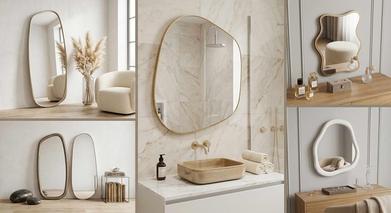 A collage of four modern interior scenes showcasing various irregular shaped mirrors used as vanity mirrors, bathroom decor, and artistic wall mirrors. The mirrors feature gold and white frames in unique organic shaped mirror contours.